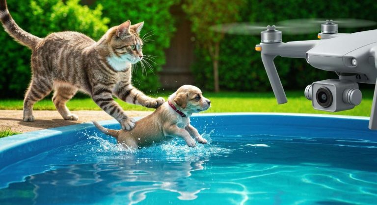 Un drone a filmé un chat en train de sauver un chiot tombé dans une piscine, la vidéo est devenue virale